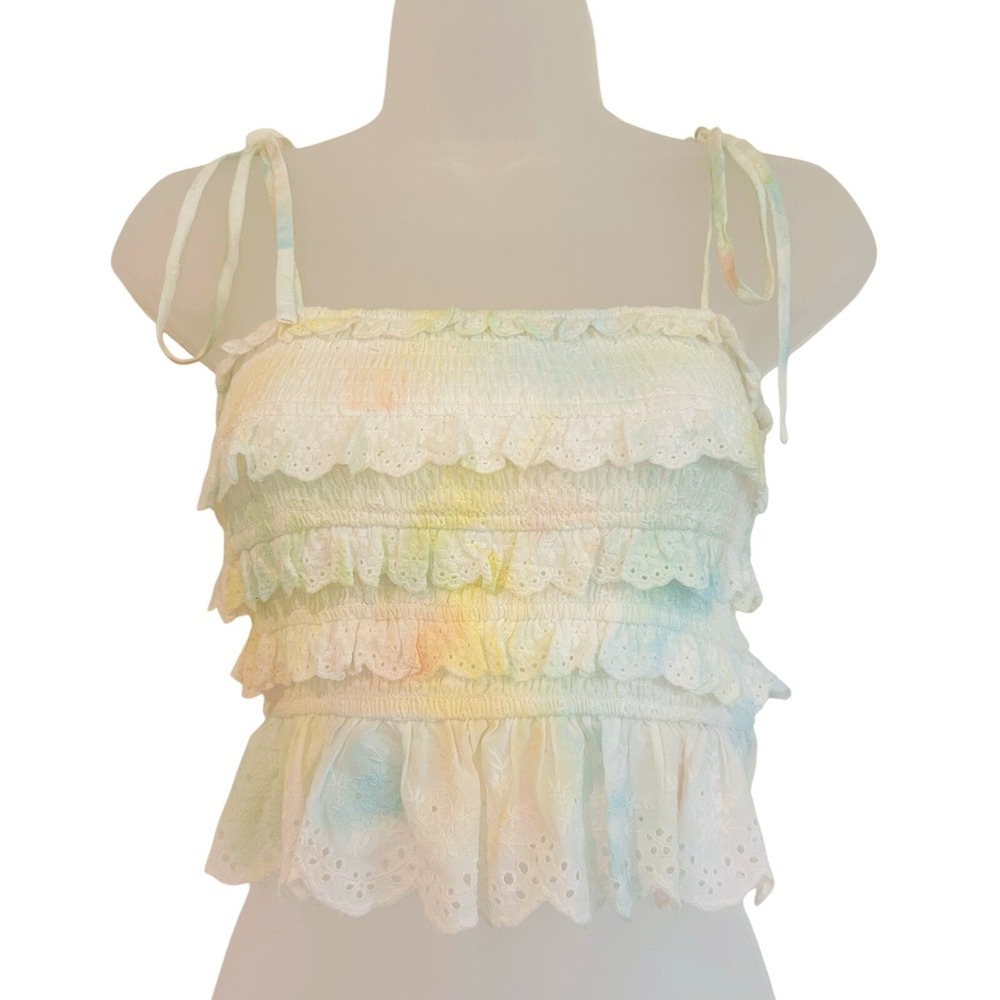 Storia Cami Sz S Tank Coquette Cottage Tie Dye Pastels Tiered Smocked Ruffles